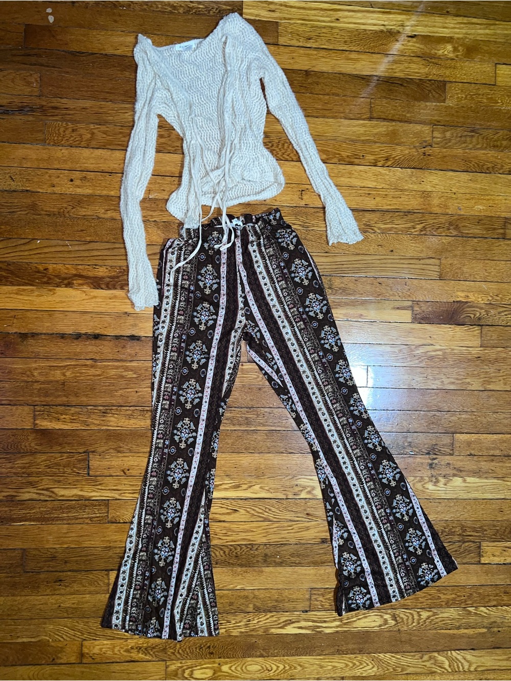 Bear Dance Brown Floral Stripe Wide-Leg Pants